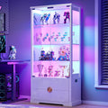 TAGELIER RGB Glass Display Cabinet with Door, 4-Tier Curio Cabinet with 2 Drawers and Adjustable Glass Height Showcase, Display Case with 3 LED Light and Human Body Sensor, White