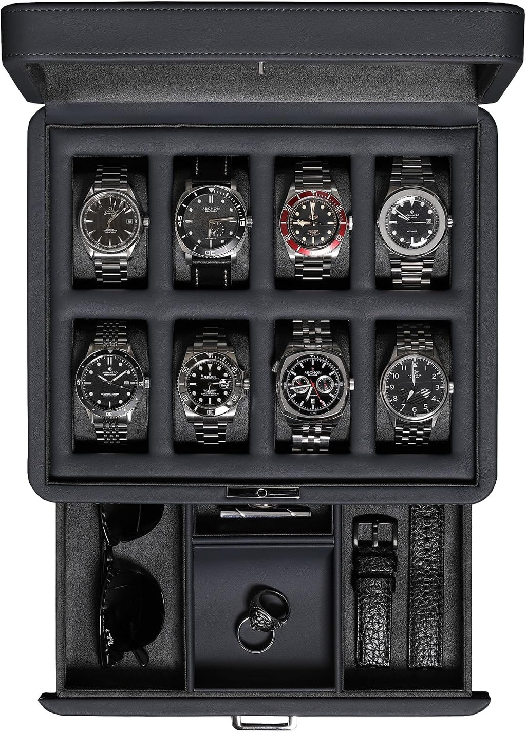 ROTHWELL 8 Slot Leather Watch Box with Valet Drawer - Luxury Case Display Jewelry Organizer, Locking Display Case Holder with Real Glass Top - Watch Box Organizer for Men & Women (Carbon)