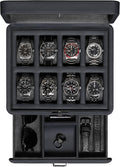 ROTHWELL 8 Slot Leather Watch Box with Valet Drawer - Luxury Case Display Jewelry Organizer, Locking Display Case Holder with Real Glass Top - Watch Box Organizer for Men & Women (Carbon)