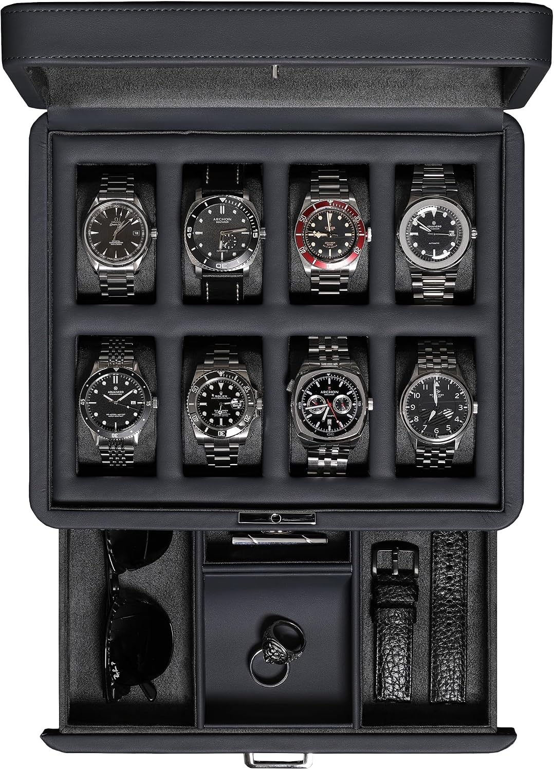 ROTHWELL 8 Slot Leather Watch Box with Valet Drawer - Luxury Case Display Jewelry Organizer, Locking Display Case Holder with Real Glass Top - Watch Box Organizer for Men & Women (Carbon)