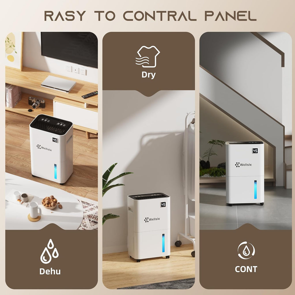 3500 Sq.Ft Dehumidifier, Wellsle 50 Pint Dehumidifiers for Home and Basement with Drain Hose, Ultra-Quiet Bedroom Dehumidifier - Intelligent Humidity Control - 24 Hour Timer