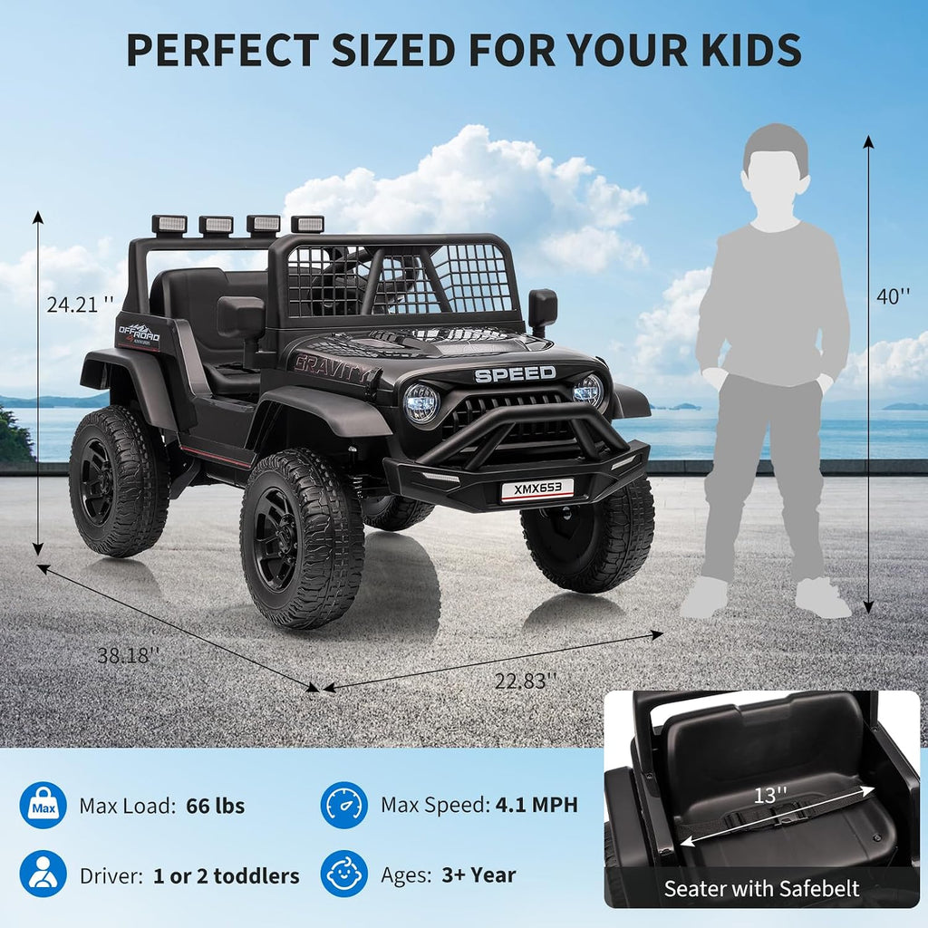 12V Kids Ride on Car Truck, Kids Electric Vehicles Car Ride on Toy Extra Wide Seat and Legroom for Toddlers with Remote Control, 3 Speeds, LED Light, Music, USB for Children 3-6 Years, Black