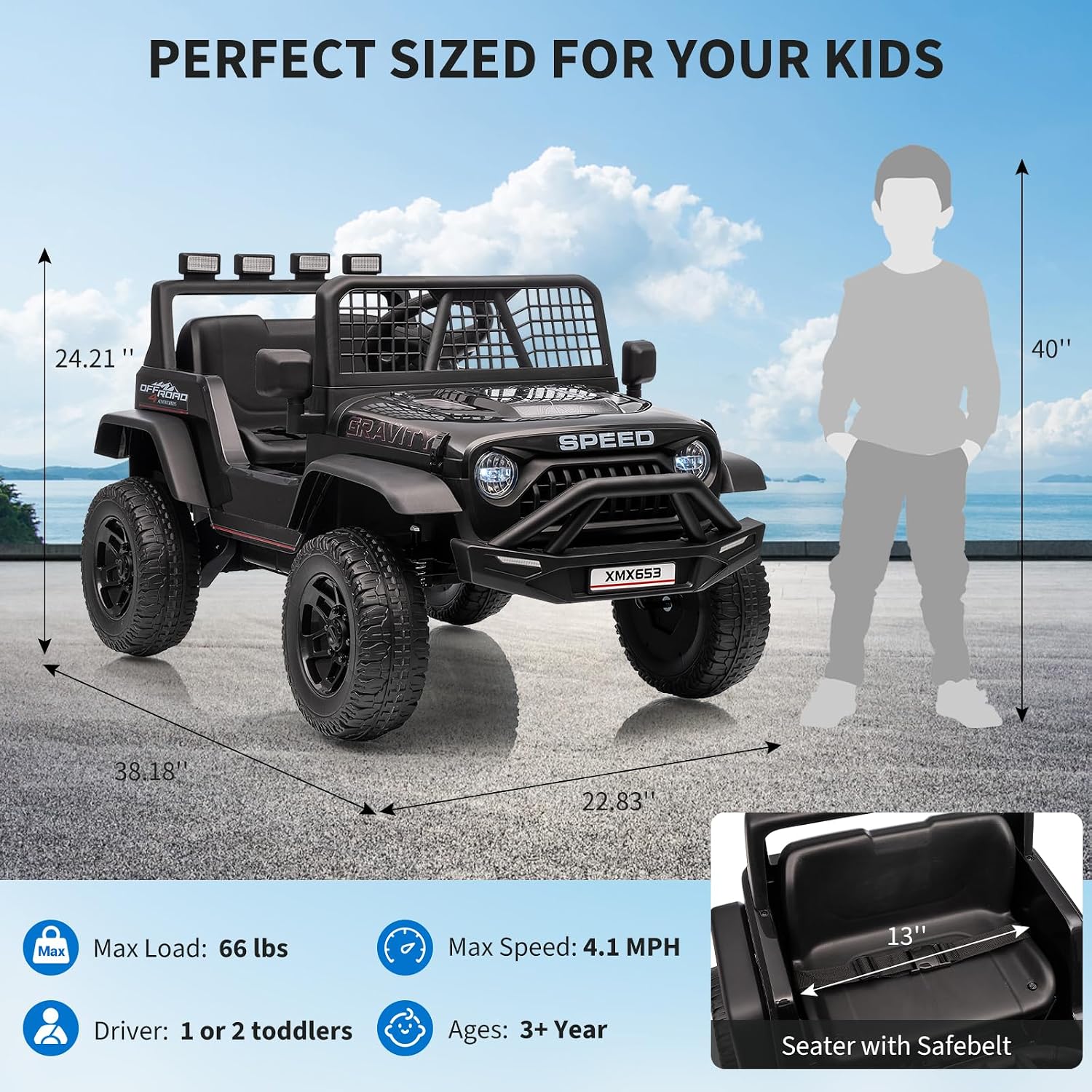 12V Kids Ride on Car Truck, Kids Electric Vehicles Car Ride on Toy Extra Wide Seat and Legroom for Toddlers with Remote Control, 3 Speeds, LED Light, Music, USB for Children 3-6 Years, Black