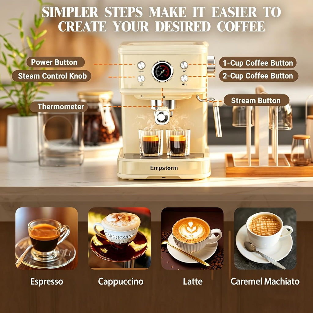 Empstorm Espresso Machine 20 Bar, 2 in 1 Espresso Maker with Milk Frother Steam Wand for Latte and Cappuccino, Powder and Capsule Portafilter, 50oz Removable Water Tank Coffee Machine for Home-White