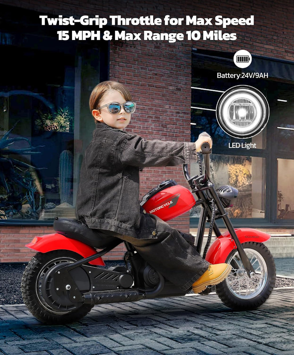 ELEMARA Electric Dirt Bike, 15 mph & 150lb Max, 24V Ride on Toy for Big Kids w/LED Lights & Power Display,Chain-Driven Motor,Twist-Grip Throttle, Shock Springs,Handbrake,12' Air-Filled Tires-Red
