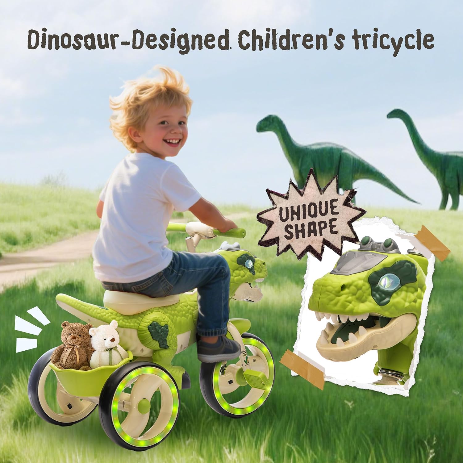 Dinosaur Kids Tricycle for Rider, Toddlers Kid Trike Bike Big Wheel with EVA Wide Flash Wheels, Anti-Slip Pedals, Storage Basket, Music & LED Lights, Kids Bike for 3-6 Year Old Girls & Boys (Green)