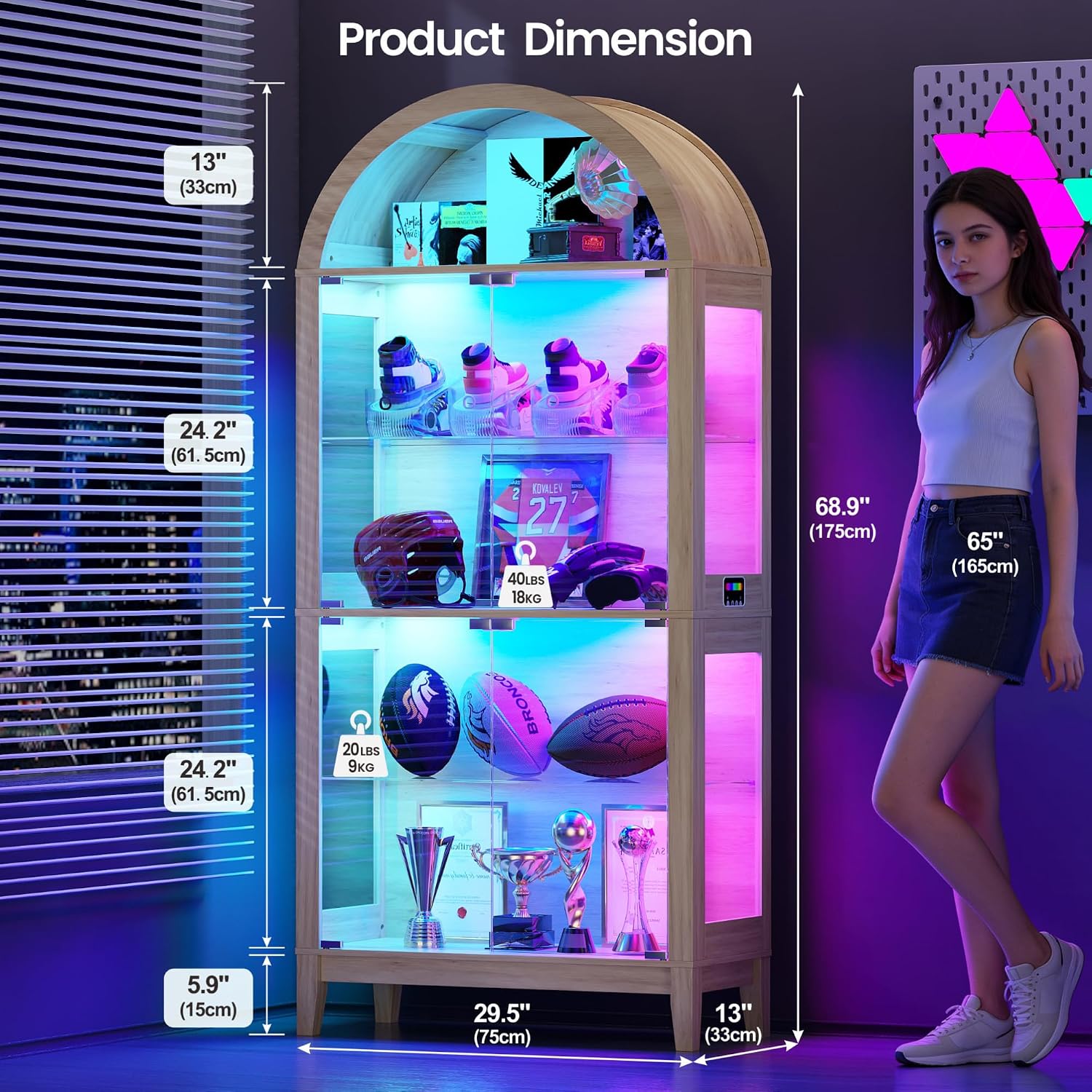 Lvifur Display Cabinet with - Glass Doors,Arched Curio Cabinet with RGB Lights for Collectibles,5-Tiers Tall Display Case with Human Sensor,Showcase Cabinet with Glass Shelf for Living Room (Natural)