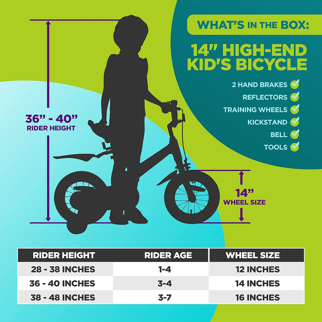 SereneLife Kids Bike with Training Wheels - Toddlers Bicycle w/Adjustable Seat Height, Alloy Steel Frame, Dual Brake System, Full Chain Guard, Reflector, Bell, Kickstand
