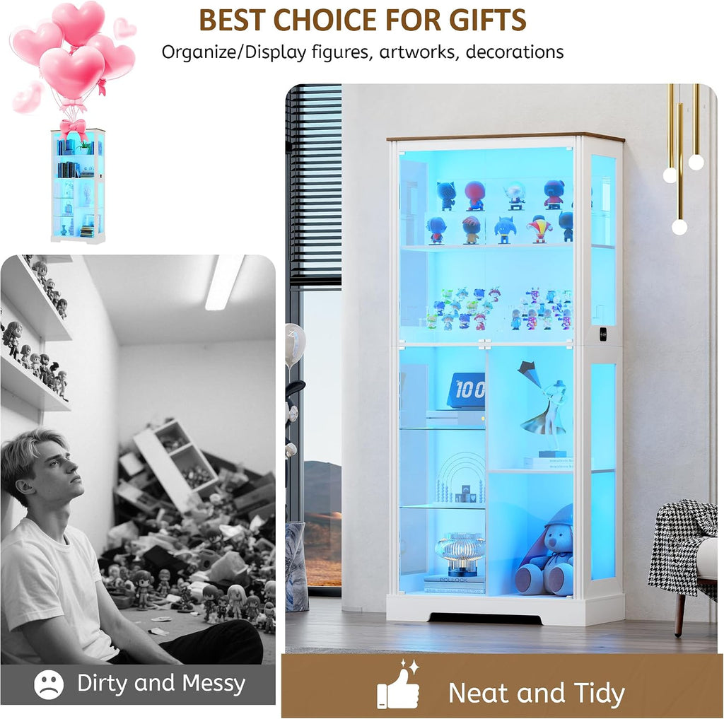 Lvifur Display Cabinet with Glass Doors, Modern Curio Cabinet with 3 Color Lights, 7-Tiers Glass Display Cases for Collectibles, Tall Storage Cabinet with Human Body Sensor for Living Room (White)