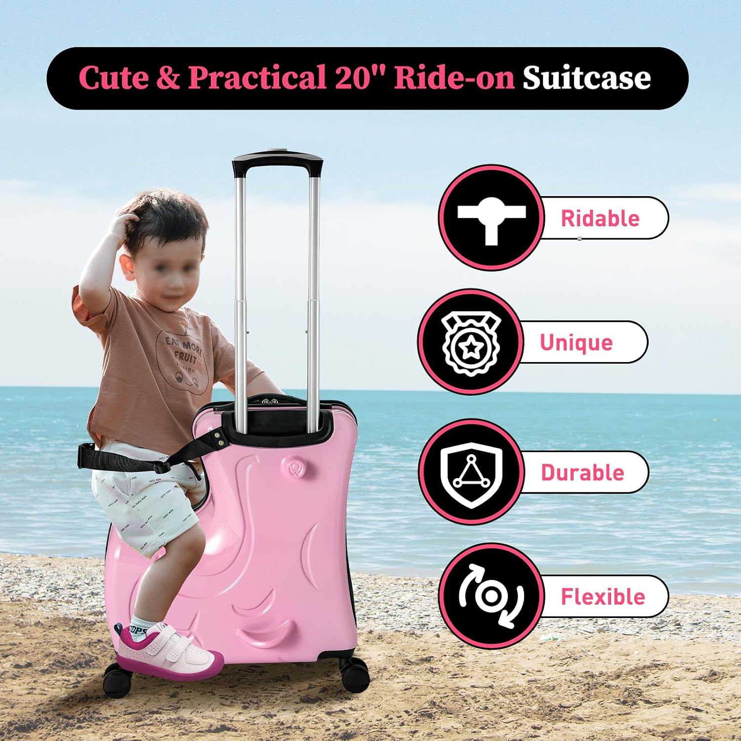 20' Ride on Suitcase for Kids, Carry on Trolley Suitcase with Double-row Universal Wheels Travel Riding Luggage with Password Lock/Safety Belt/Telescoping Handle, Pink