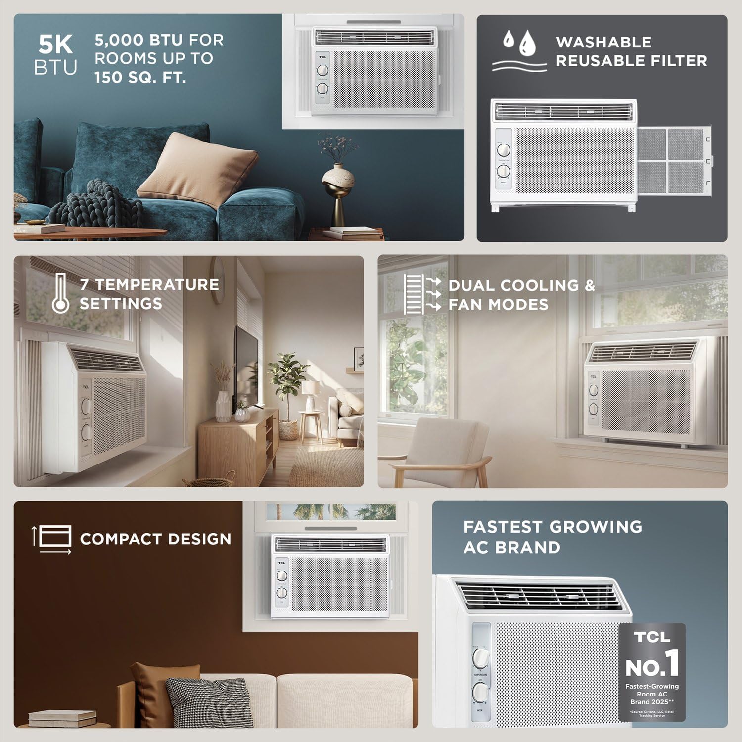 TCL 5000 BTU Window Air Conditioner, Compact Energy Efficient AC Unit with Fan & Reusable Filter for Bedroom, Living Room, Garage, Other Rooms Up To 150 Sq. Ft.