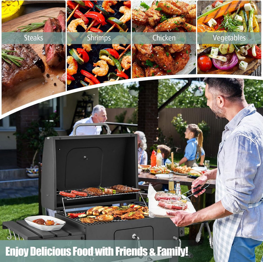 Giantex Charcoal Grill 24 inch, BBQ Grill with 2 Foldable Side Table, Adjustable Charcoal Tray, Pull-out Ash Tray, Heavy Duty Barbecue Grill with Wheels for Outdoor Cooking Camping Backyard Party