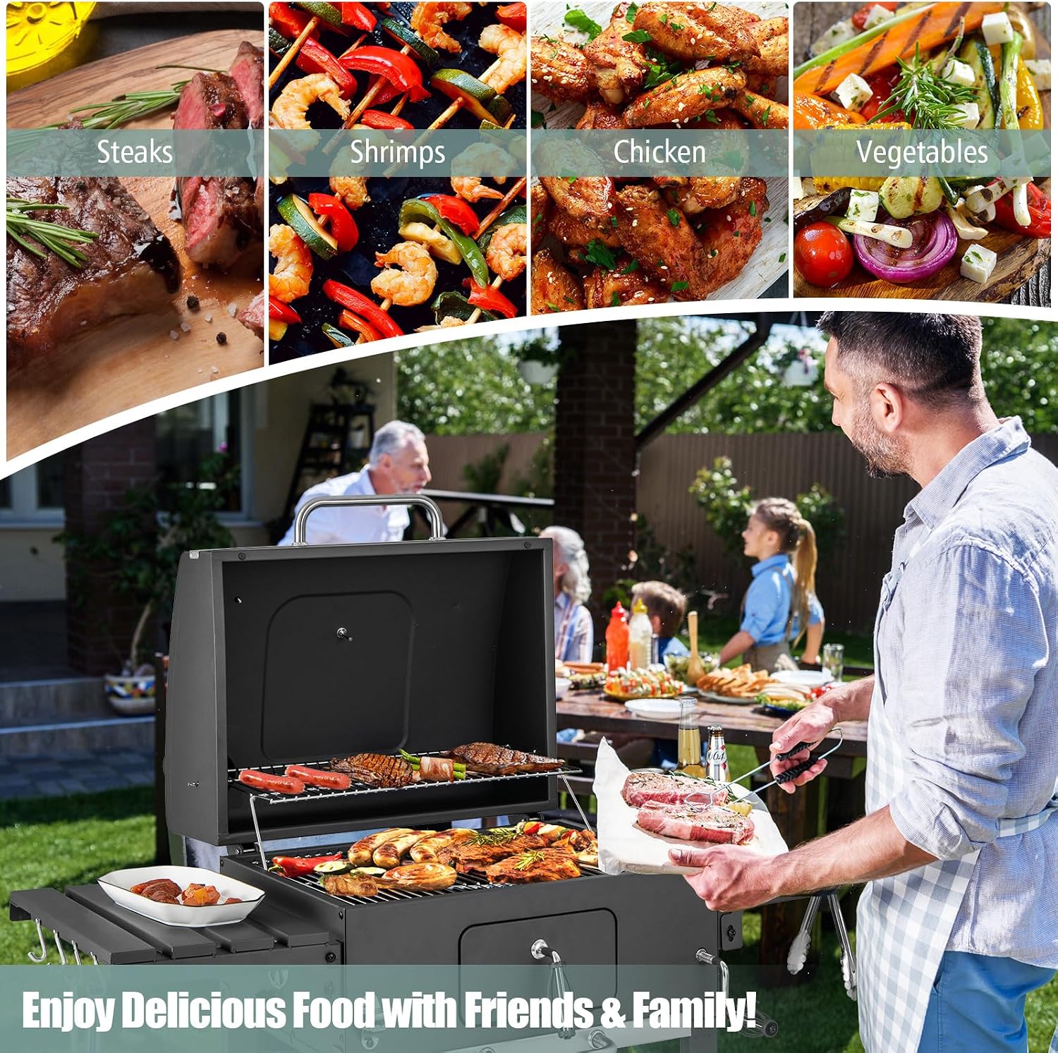 Giantex Charcoal Grill 24 inch, BBQ Grill with 2 Foldable Side Table, Adjustable Charcoal Tray, Pull-out Ash Tray, Heavy Duty Barbecue Grill with Wheels for Outdoor Cooking Camping Backyard Party