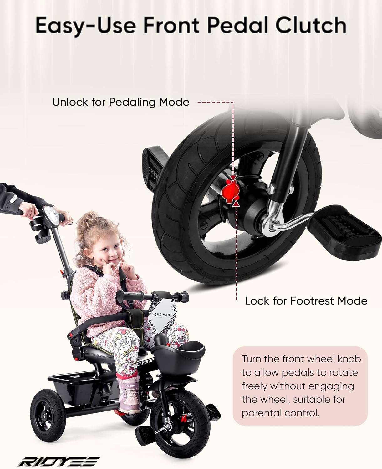 RIDYEE 7-in-1 Tricycle for 18 Months to 5 Years, All-Terrain Rubber Tires, Dual Wheel Brakes, Rotatable Seat for Toddlers 1.5-3, Tricycle for 3-5 Years with DIY Stickers, Black