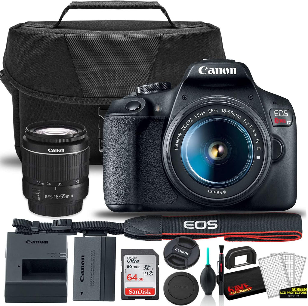Canon EOS Rebel T7 DSLR Camera with 18-55mm Lens Starter Bundle + Includes: Shoulder Bag + 64GB Card + Clean and Care Kit + More