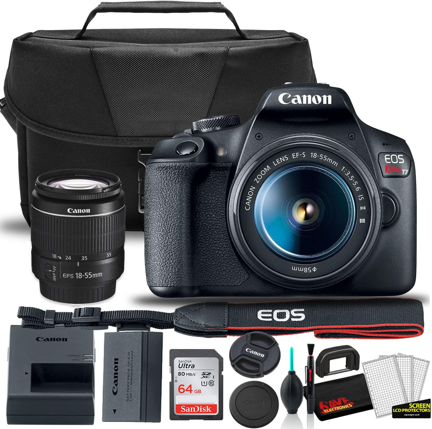 Canon EOS Rebel T7 DSLR Camera with 18-55mm Lens Starter Bundle + Includes: Shoulder Bag + 64GB Card + Clean and Care Kit + More