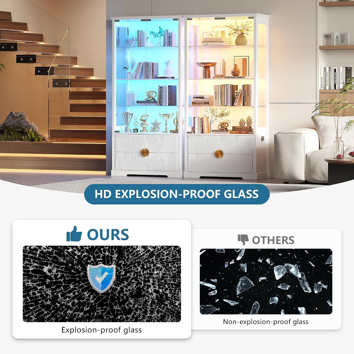 TAGELIER RGB Glass Display Cabinet with Door, 4-Tier Curio Cabinet with 2 Drawers and Adjustable Glass Height Showcase, Display Case with 3 LED Light and Human Body Sensor, White