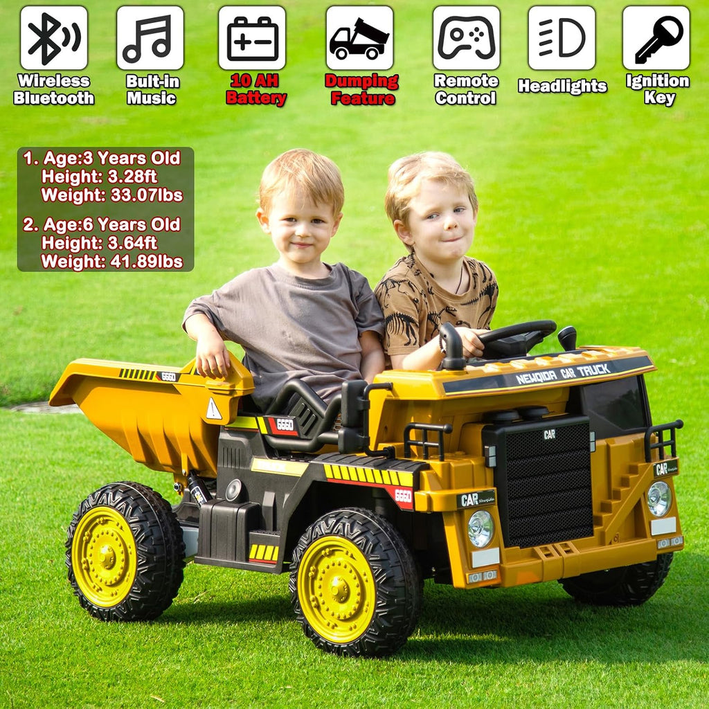 NEWQIDA Ride on Dump Truck, 12V Kids Electric Car with Remote Control for Toddlers Ride on Construction Vehicles with Electric Dump Bed/Shovel, 19' Spacious Seat, Soft Start, Music, Bluetooth, Yellow