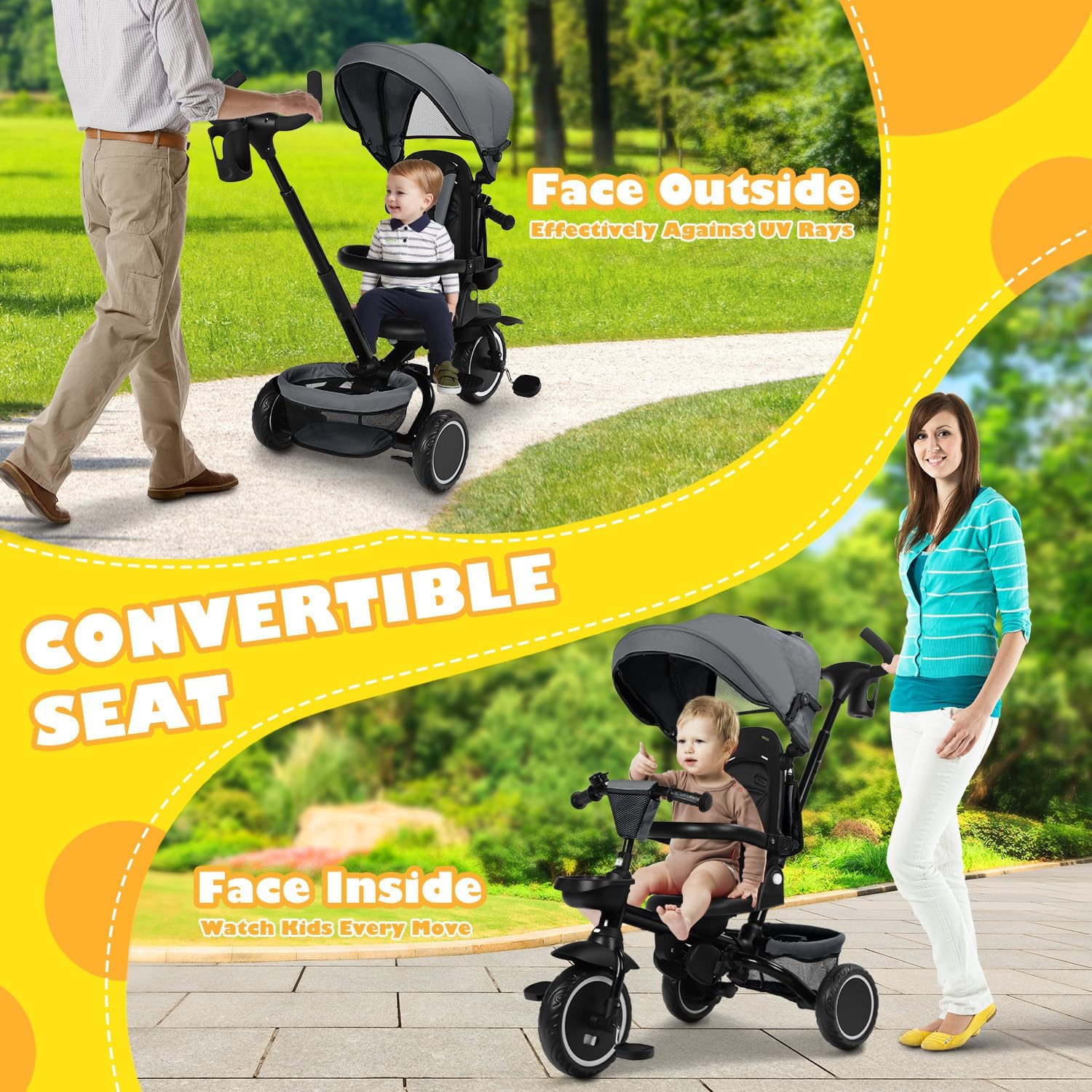 TODEFULL Folding Kids Tricycle, 8 in 1 Toddler Trike W/Removable & Adjustable Canopy, Parent Handle, 5-Piont Harness, Toddler Bike Tricycle for Kids 1-6 Years, EVA Wheels, Storage Basket, Grey