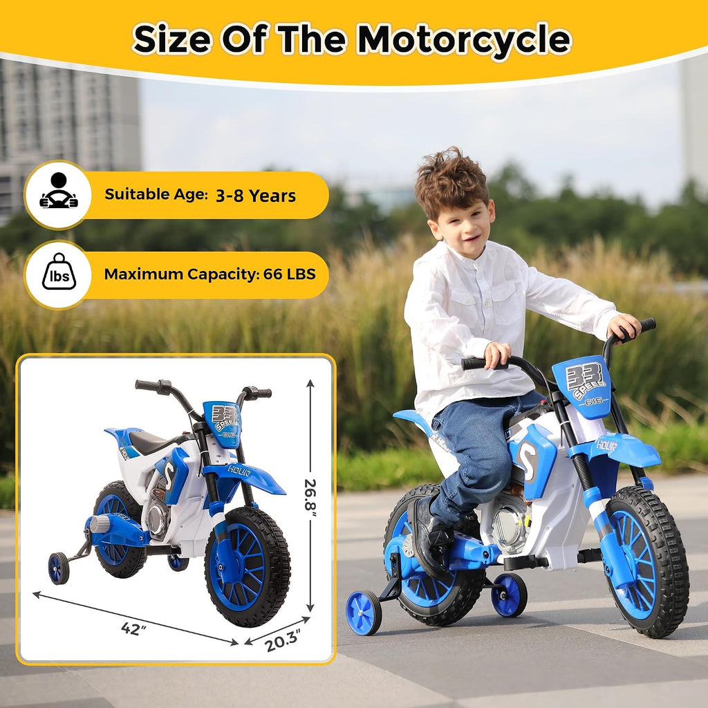 TOBBI Kids Motorcycle Dirt Bike 12V Electric Motorcycles Ride on Toys Battery Powered Motorbike Off-Road Motocross for Toddler Boys Girls 3-8 Years w/ 2 Speeds, 35W Dual Motors, Training Wheels, Blue