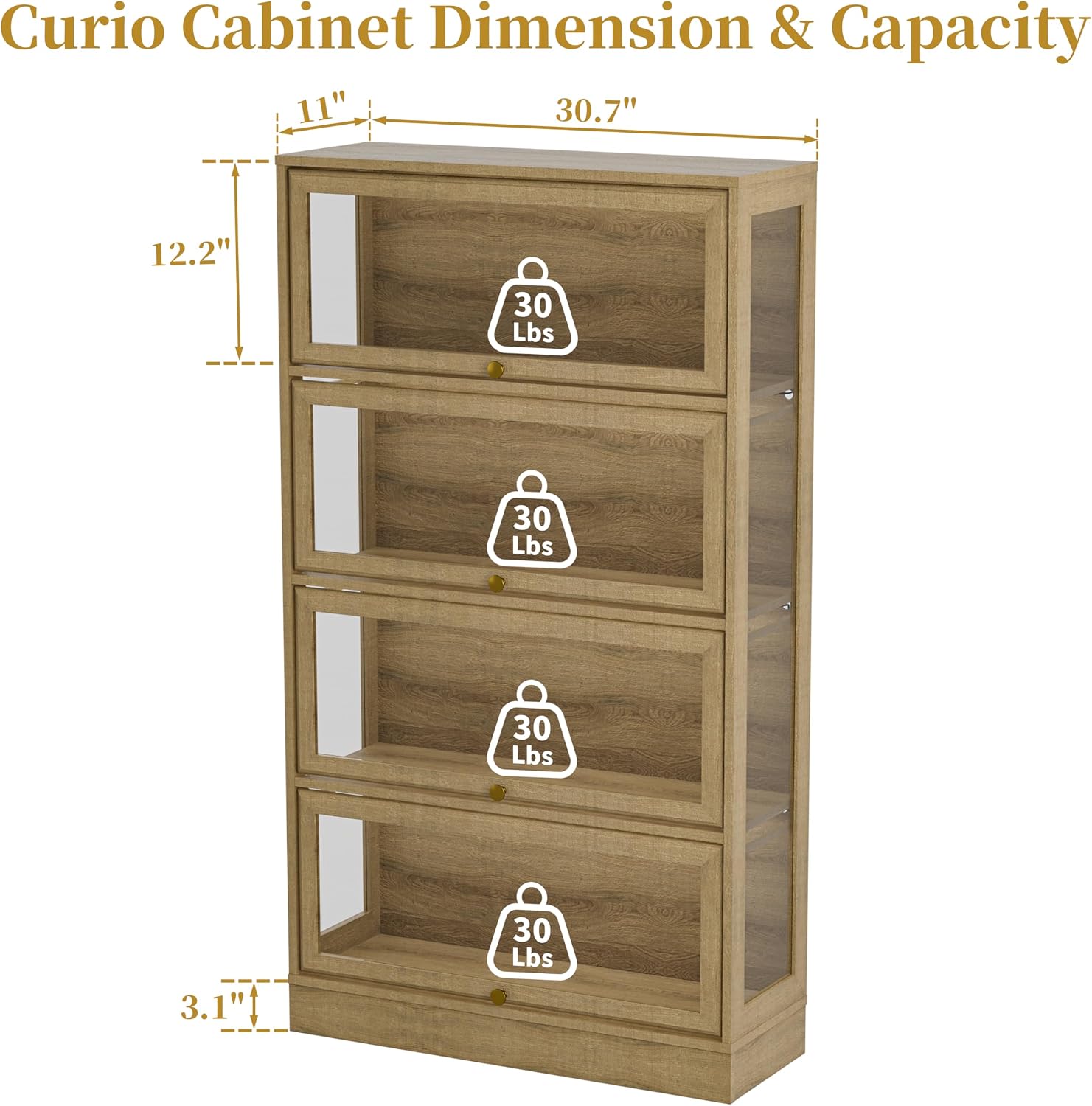 Display Cabinet with Acrylic Glass Doors,4-Tiers Curio Cabinet with LED Lighting for Collectibles, Collectibles Toy Organizers Rack & Display Shelf Display Case Storage Cabinet, Nature