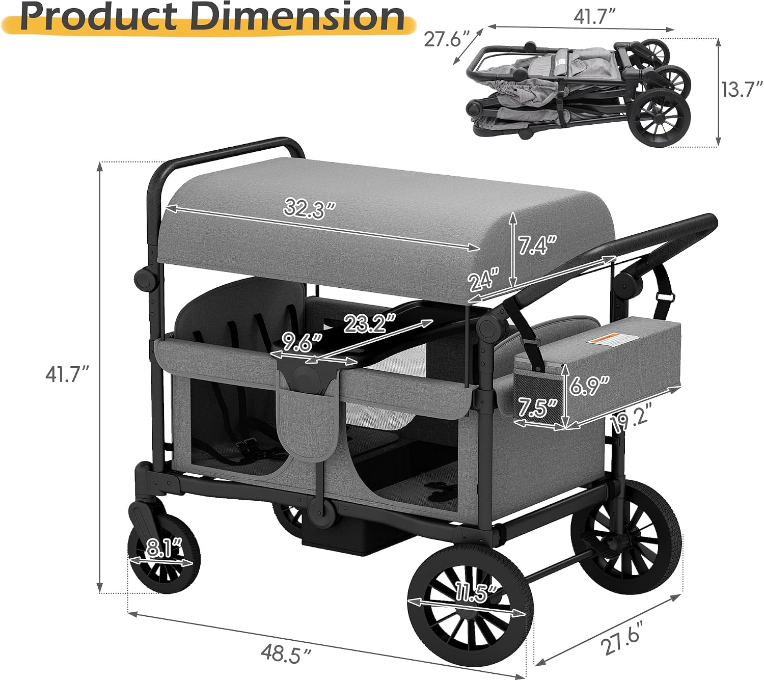 TOLEAD Wagon Stroller for 4 Kids, Foldable 4 Seats Outdoor Stroller Wagon with Canopy, Adjustable Handlebars, 5-Point Safety Harness, Detachable Tray, Portable Bag (Grey)