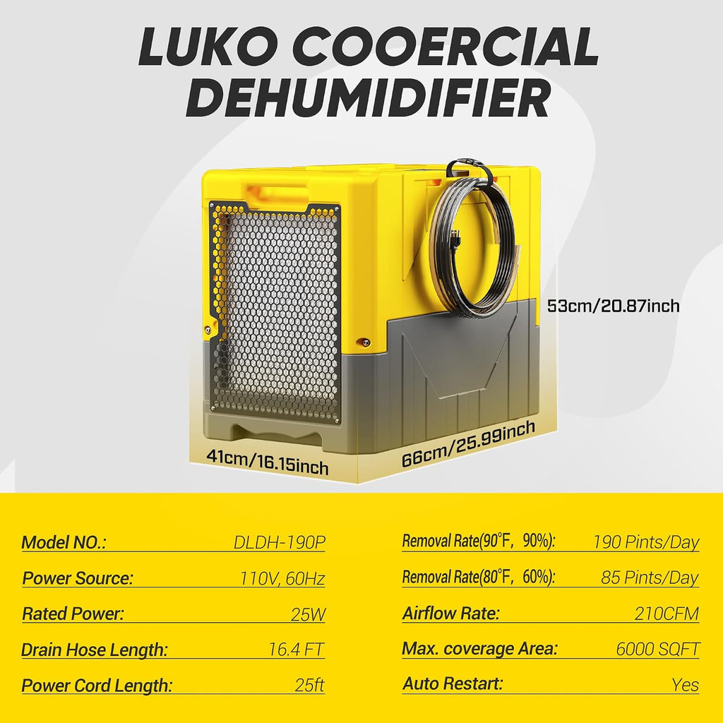 190Pints High Efficiency Commercial Dehumidifier for Basements-6000 Sq.Ft. Industrial Grade Dehumidifiers with Pump & Drain Hose for Crawl Spaces Water Damage Restoration-Yellow-1PC