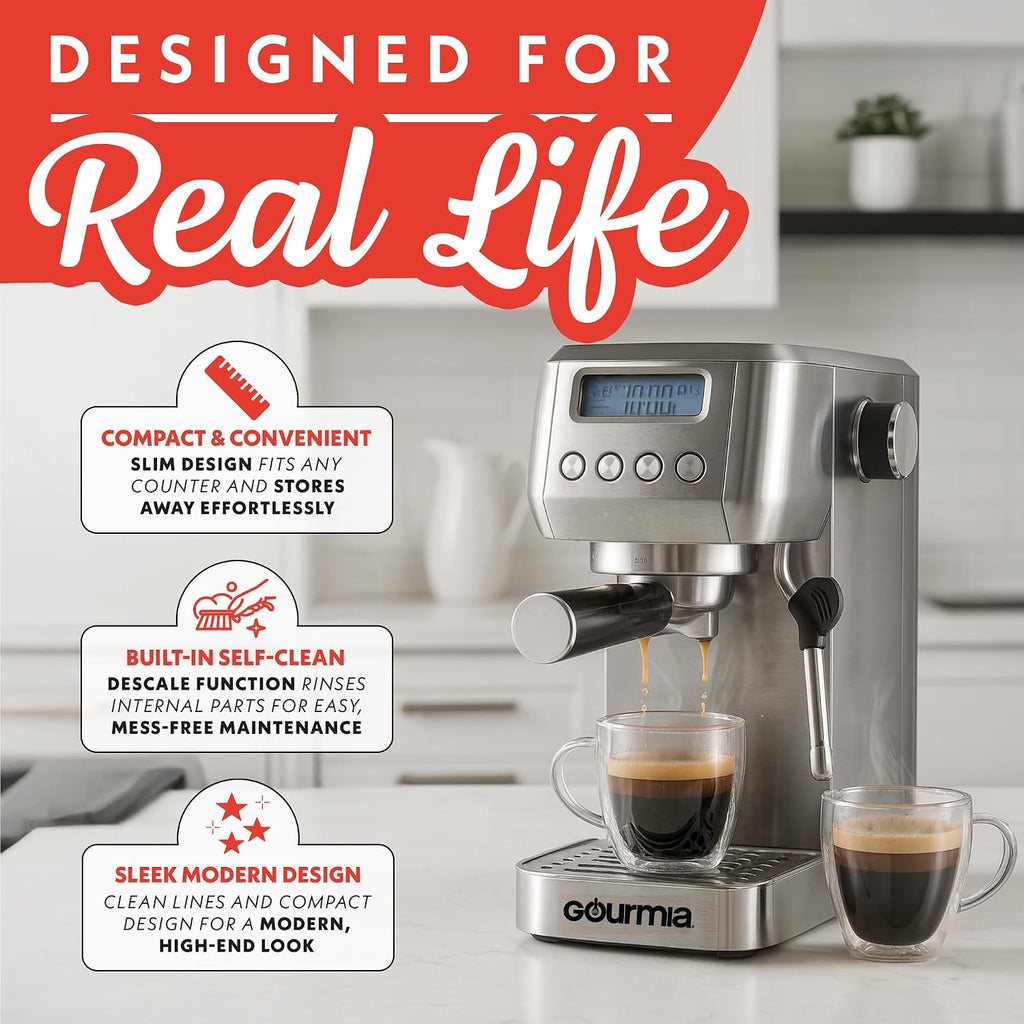 Gourmia Slim Espresso Machine with LCD Screen - Milk Frother, Adjustable Temperature, Manual & Auto Brew, Single/Double Shot, Hot Water Dispenser, Descaling Mode, Compact