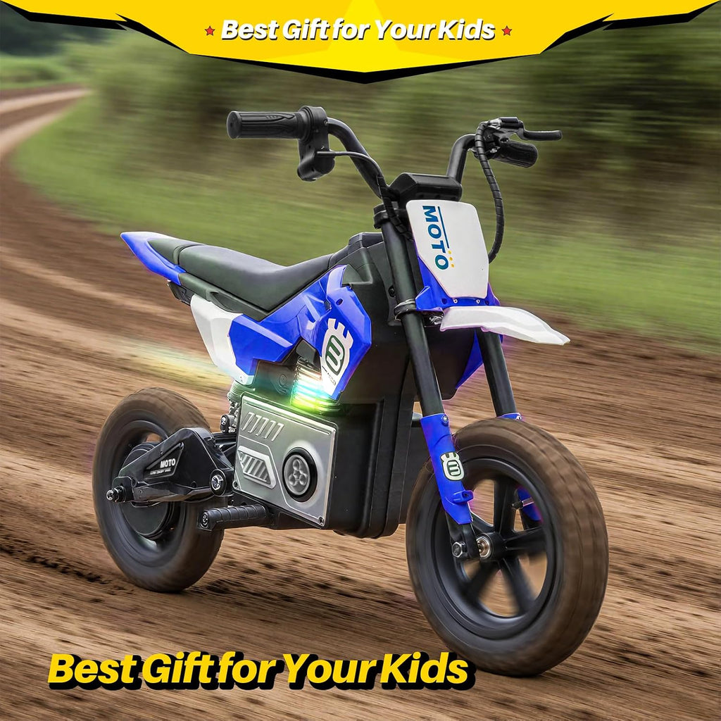 Blitzshark 24V Electric Dirt Bike for Kids，200W Motor Electric Motorcycle Aged 5-12, Electric Motorbike for Kids, Adjustable Speed, LED Breath lamp,Bluetooth,Music,Horn,Speeds 3-9MPH，Blue