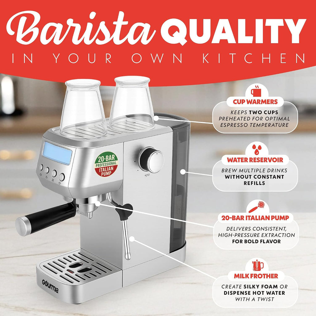 Gourmia Slim Espresso Machine with LCD Screen - Milk Frother, Adjustable Temperature, Manual & Auto Brew, Single/Double Shot, Hot Water Dispenser, Descaling Mode, Compact
