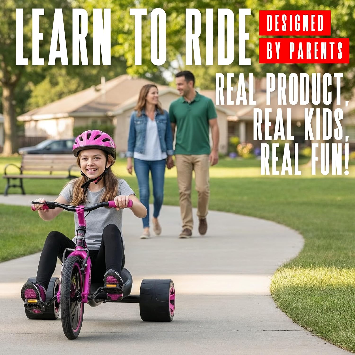 Drift Trike for Kids Ages 5+ – 16' Front Wheel Ride-On with Adjustable Seat, Steel Frame, Rear Slick Drift Wheels & Safety Flag – Madd Gear (Black/Pink)