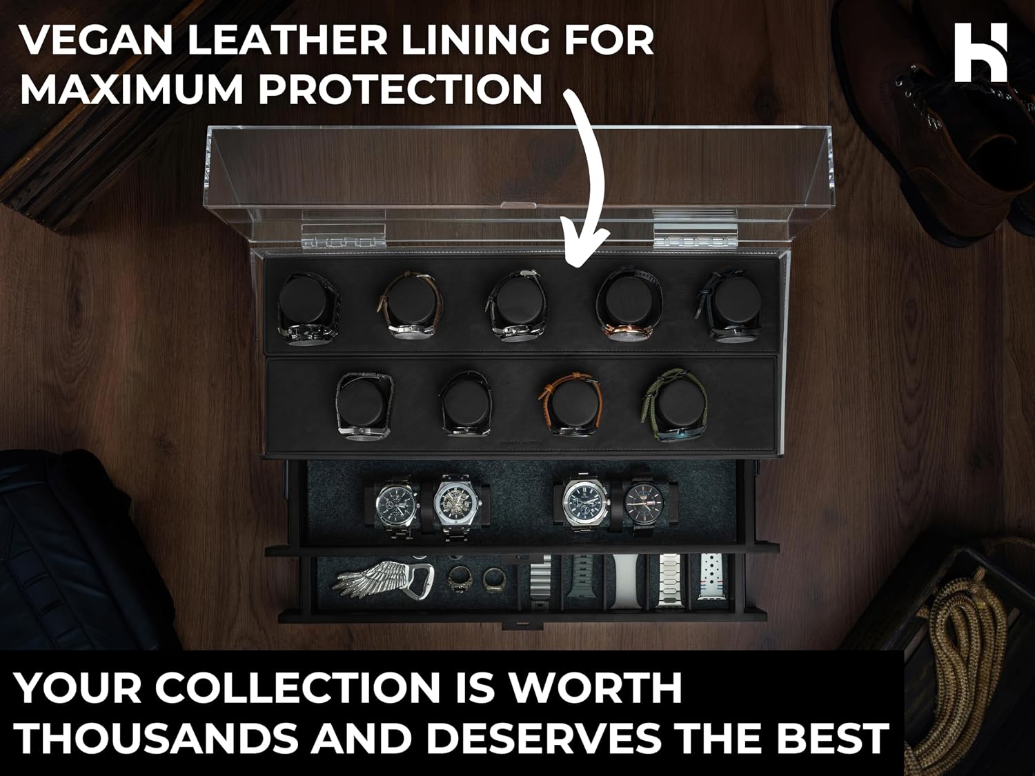 Premium 17 Slot Watch Box for Men - Extra Large Wooden Watch Display Case with Hinged Cover, Leather Lining & 2 Drawers - Watch Holder Organizer Stand - Handcrafted Luxury Birthday Gift for Men