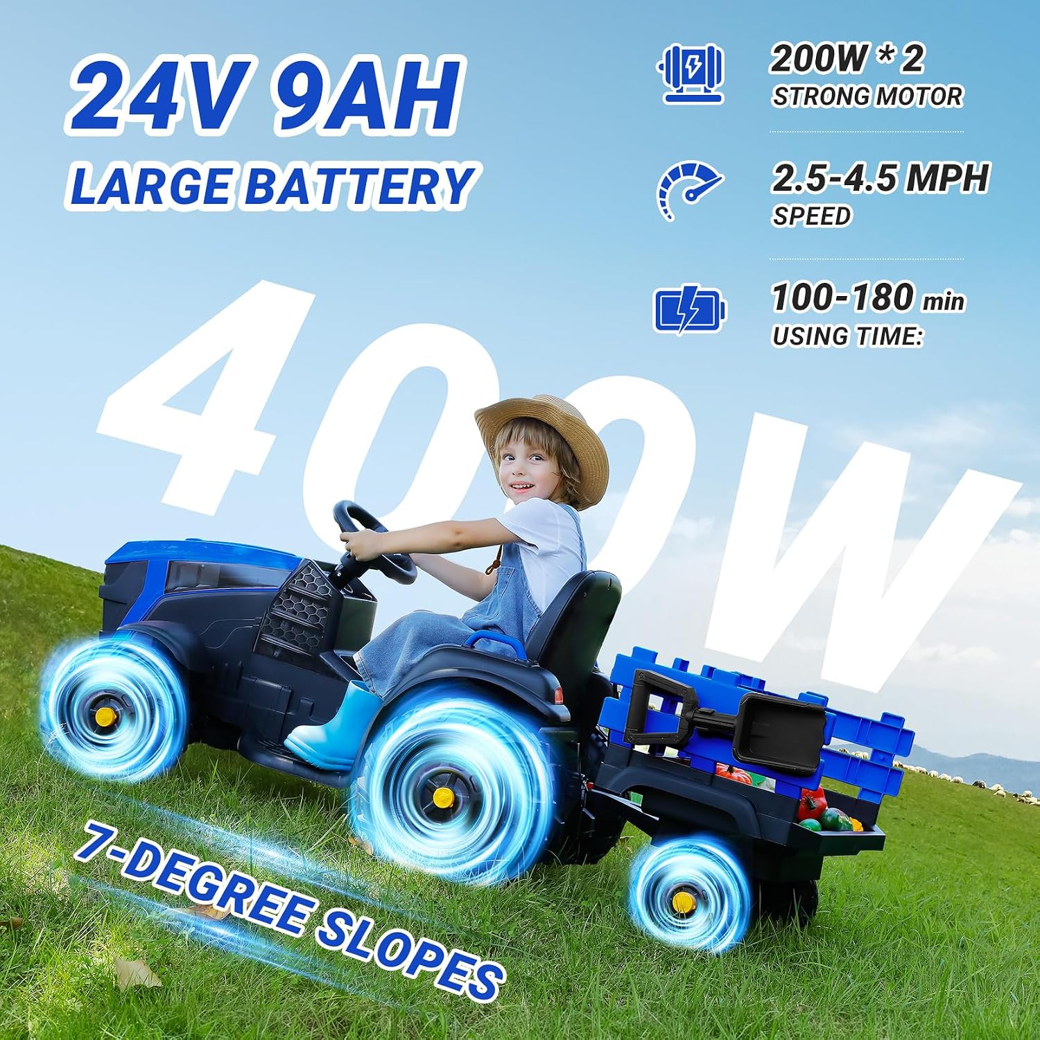ELEMARA 24V 9AH Ride on Tractor with Easy Detachable Trailer, 24V Ride on Toys for Big Kids, 400W Electric Vehicles Ride On Tractor Car with Shovel, All-Terrain Capability, Music, Dark Blue