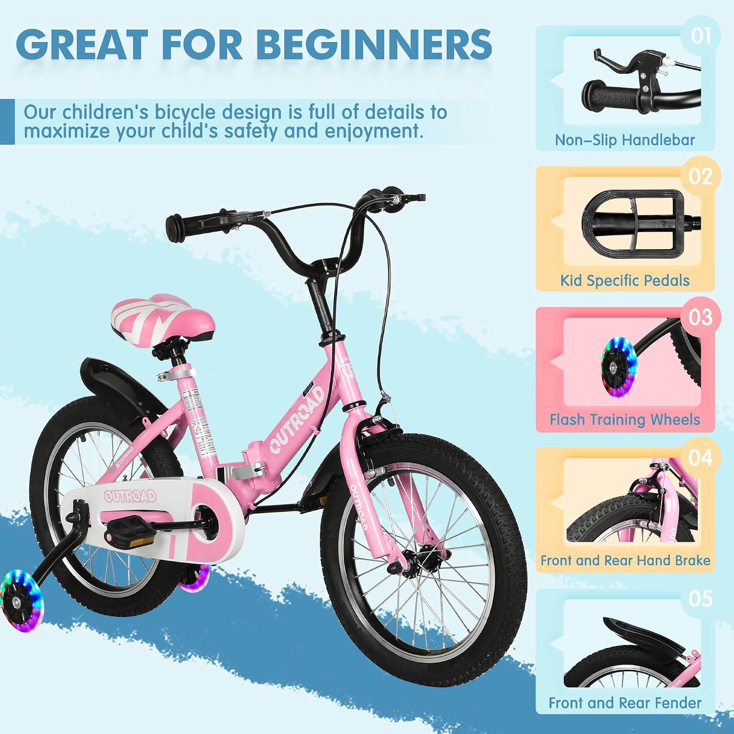 SUNCROWN Kids Bike, 14 16 18 Inch Children Bicycle, Foldable Toddler Bike for Boys & Girls Age 3-10 Years with Flash Lighting Training Wheel