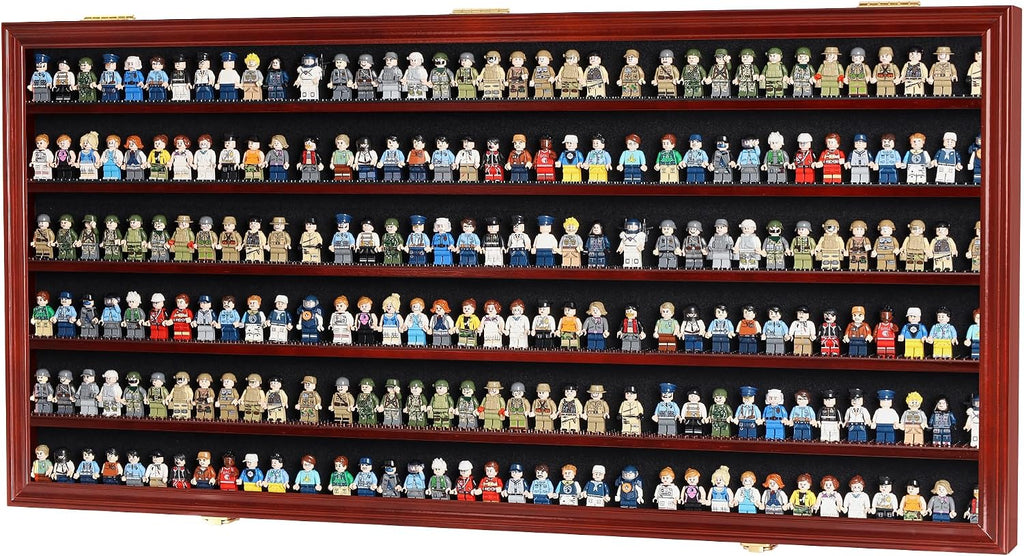 DisplayGifts Block Toy Minifigures Miniatures Display Case Frame Wall Cabinet Stand 200 Toys Dust Protection, Shelves alos Compatible with 1:64 Scale hot Small Toy Wheels - Mahogany Finish
