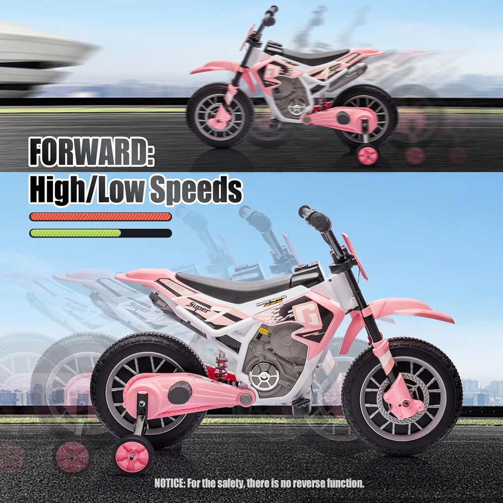 JOYLDIAS Kids Motorcycle Dirt Bike, 12V7AH Battery-Powered Ride On Motorcycle for Kids, Off-Road Street Bike w/Music, Training Wheels, Spring Suspension, High/Low Speeds, Pink