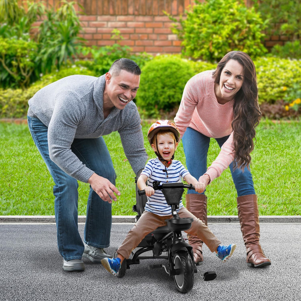 TODEFULL Folding Kids Tricycle, 8 in 1 Toddler Trike W/Removable & Adjustable Canopy, Parent Handle, 5-Piont Harness, Toddler Bike Tricycle for Kids 1-6 Years, EVA Wheels, Storage Basket, Black