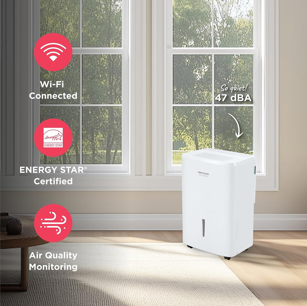 Frigidaire Gallery 2-in-1 35-Pint Dehumidifier with Wi-Fi, Air Quality Monitoring for Small/Medium/Large Rooms & Basements, Custom Humidity Control, Auto Shut Off, White