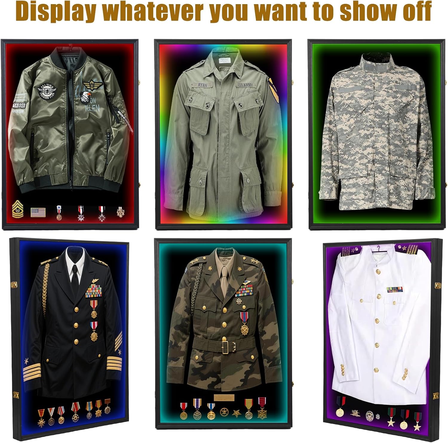 Military Uniform Shadow Box with LED, Police Uniform Display Frame 7 Colors 2 Models with Hanger and Lock for Military Uniforms, Jerseys, Hanging Badges and Medals Flag 35.82'x25.59'x2'