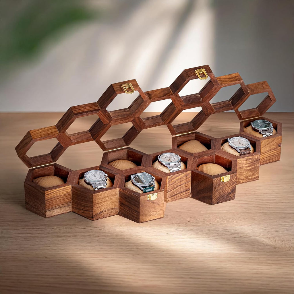 Men's Watch Box Organizer – Dark Rosewood Display Case with Glass Lid, Stylish Travel Watch Storage, Gift for Him (9 Slot)