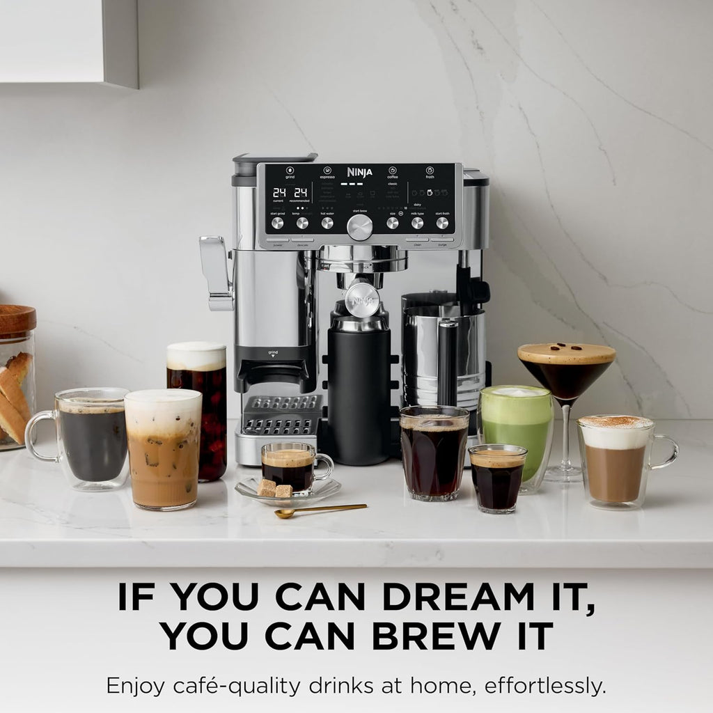 Ninja Luxe Café Pro Series, Espresso Machine, Drip Coffee, Cold Brew, Hot Water, Integrated Tamper, Built-in Grinder, Hands-Free Frother for Cappuccinos, Lattes, Americanos, Dairy or Non-Dairy, ES701