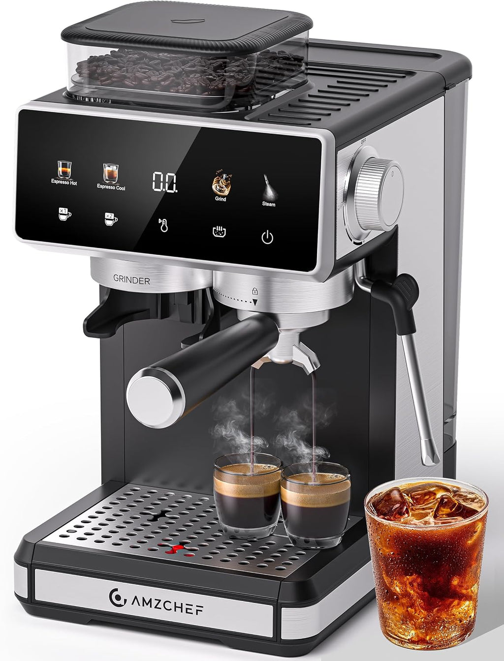 AMZCHEF 20 Bar Espresso Machine with Grinder - 3 Temp Coffee Machine with 20 Grinding Settings, Hot/Cold Brew Espresso Maker with Milk Frother, Coffee Maker for Latte/Cappuccino,61oz Water Tank, Black
