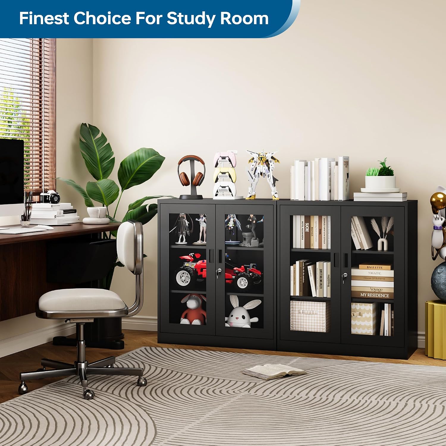 PEUKC Display Cabinet with Acrylic Doors, 35.4 Inches Metal Curio Storage Cabinet with 2 Adjustable Shelves, Locking Display Case for Home, Office, Clinic, Pantry, Assemble Required (Black)