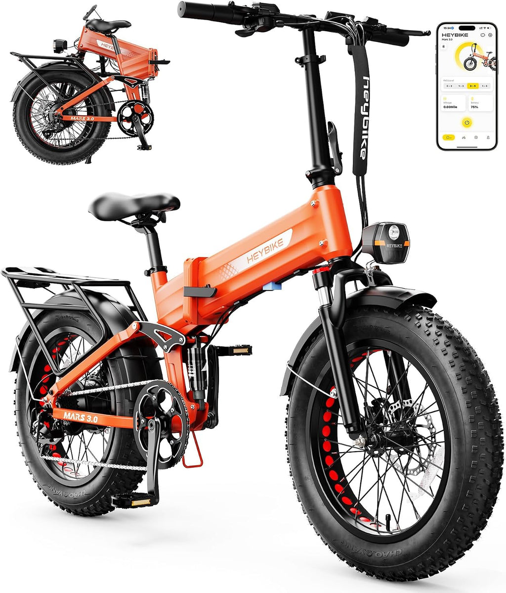 Heybike Mars 2.0/3.0 Foldable Electric Bike, UL2849 Certified, 70+Miles Long Range, 1400W/1800W Peak Motor 32MPH, 624WH Removable Battery, 20'*4 Fat Tire Ebike for Snow, Commute, Full Suspension
