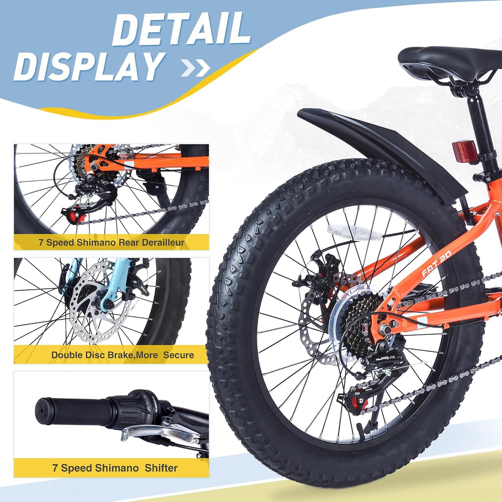WEEROCK Kid Bike 20/24 Inch Kids MTB Child Mountain Bicycle with 7 Speeds, Steel Frame,20/24 * 3.0 Inch Fat Tires for 5+ Years Old Boys, Girls, Children,Students, Junior, Multip Color