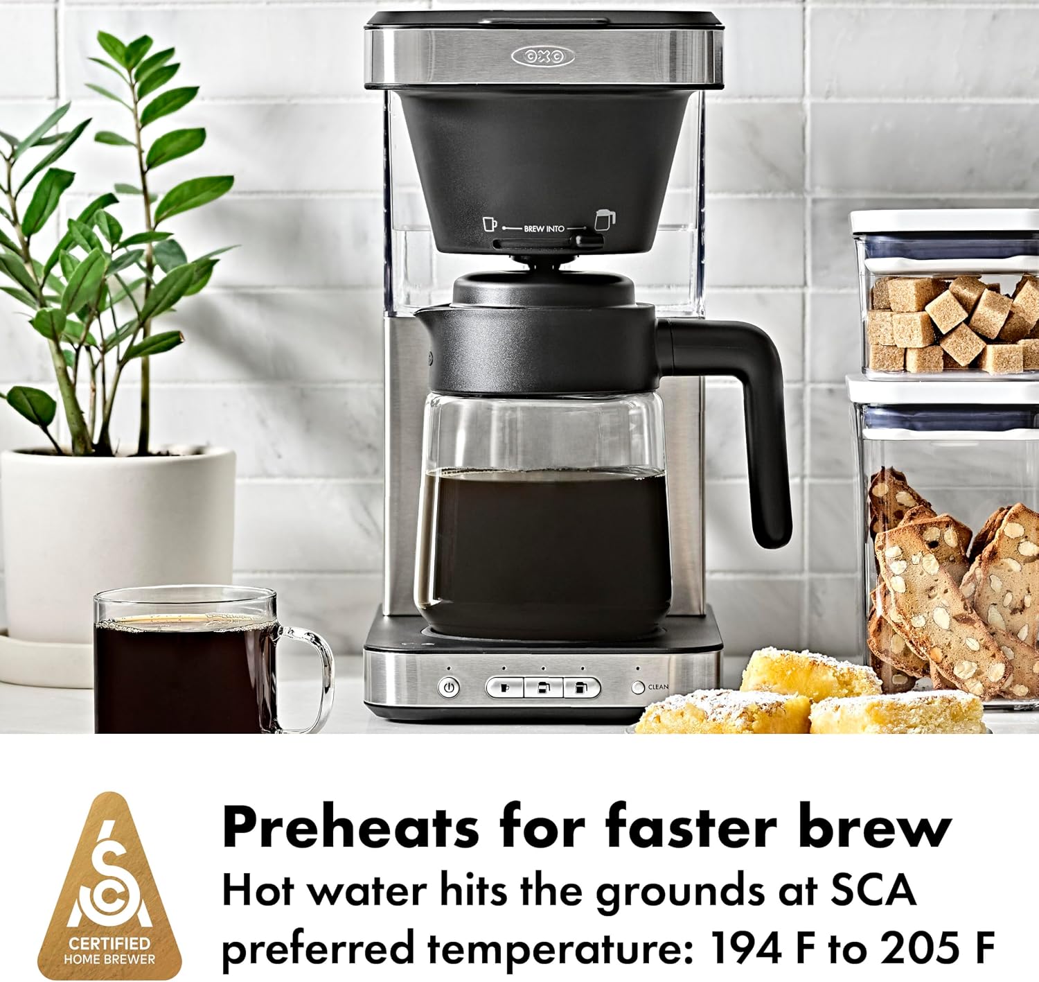 OXO BREW 8-Cup Coffee Maker with Podless Single-Serve Function, programmable coffee maker, café coffee, single-serve coffee, SCA certified home brewer