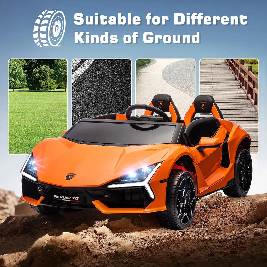 Oryxearth 2-Seater Ride on Car 24V Electric Lamborghini for Kids, 2WD with PU Leather Seats w/Adjustable Safety Belt, 2 Speeds Mode, Bluetooth, Remote Control, Gifts for Children