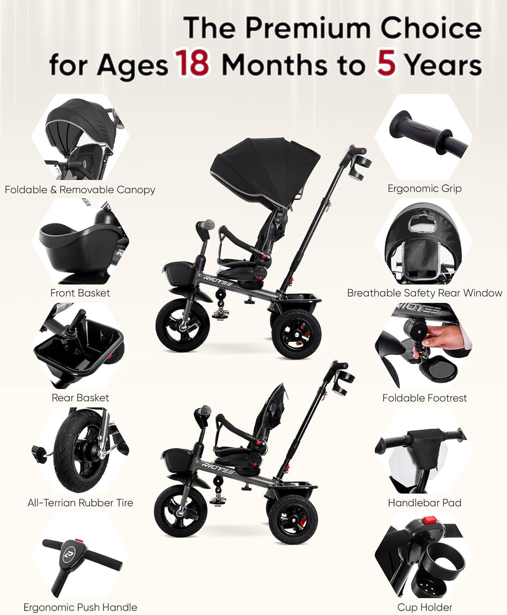 RIDYEE 7-in-1 Tricycle for 18 Months to 5 Years, All-Terrain Rubber Tires, Dual Wheel Brakes, Rotatable Seat for Toddlers 1.5-3, Tricycle for 3-5 Years with DIY Stickers, Grey