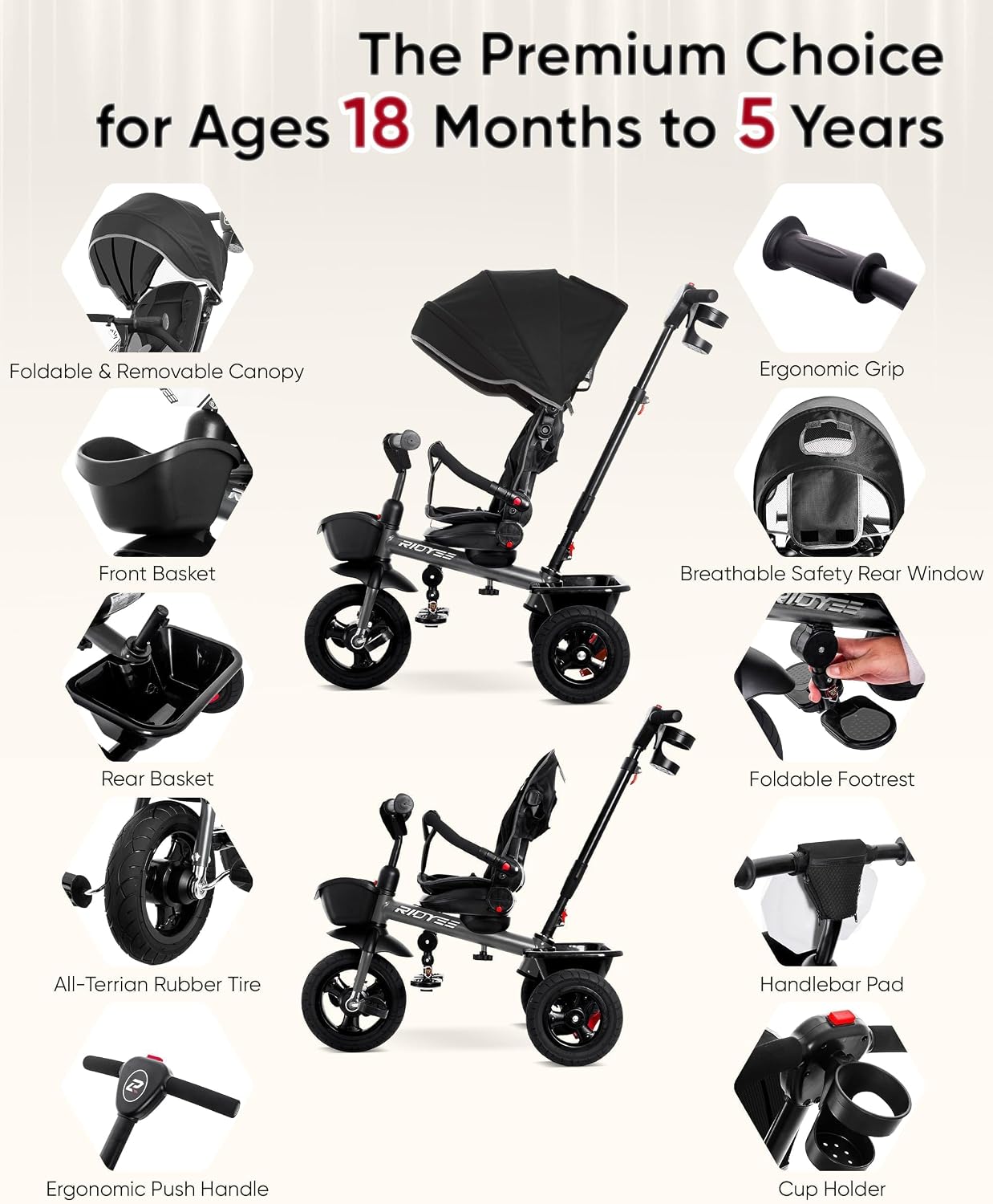 RIDYEE 7-in-1 Tricycle for 18 Months to 5 Years, All-Terrain Rubber Tires, Dual Wheel Brakes, Rotatable Seat for Toddlers 1.5-3, Tricycle for 3-5 Years with DIY Stickers, Grey