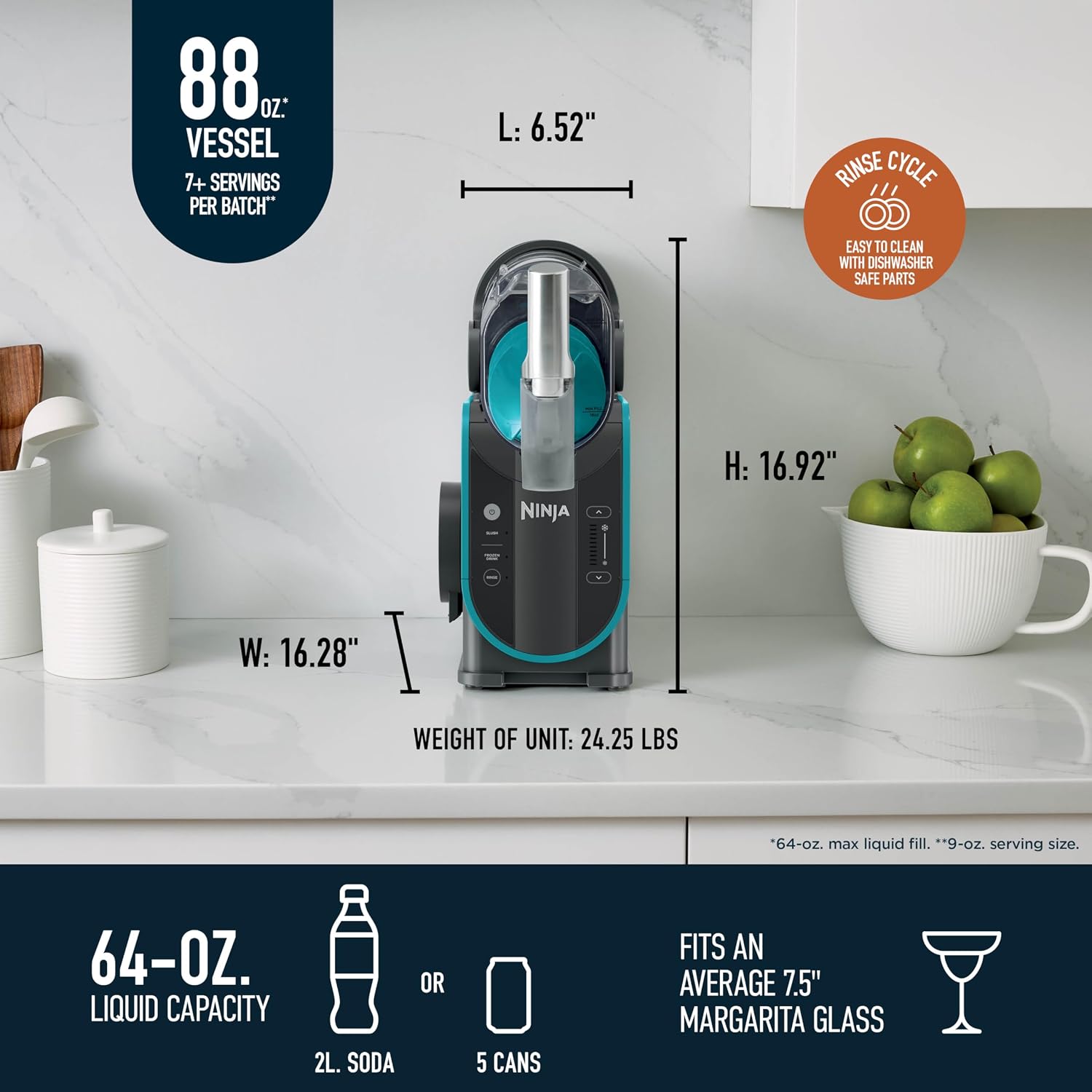 Ninja SLUSHi Professional Frozen Drink Maker with RapidChill Technology, 88 oz. Frozen Drink & Slushie Machine, 2 Preset Programs, Frozen Margaritas, and More, Premium Accents, Teal, FS299 (Renewed)